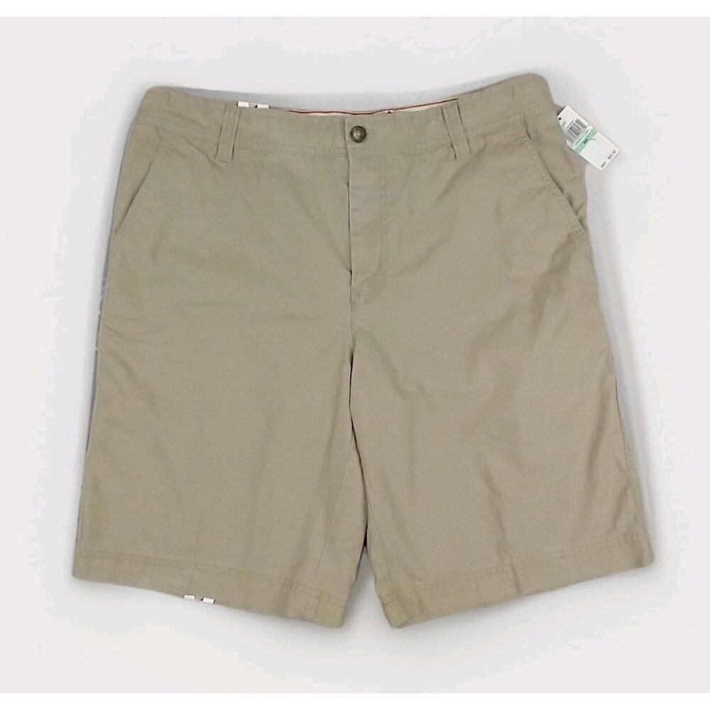 Mens IZOD Seaside Poplin Flat Front Shorts Cedarwood Khaki Size 34W X 10.5L